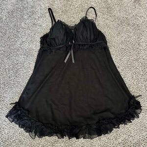 SOPHIE B. Size L Black Chiffon Lace Chemise Nightie Slip Ruffles Bow
